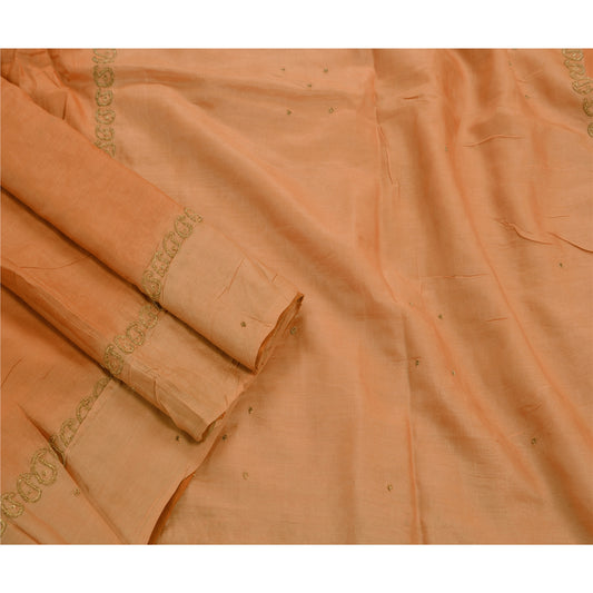 Sanskriti Vintage Indian Saree 100% Pure Silk Hand Embroidered Peach Sustainable Fabric Sari
