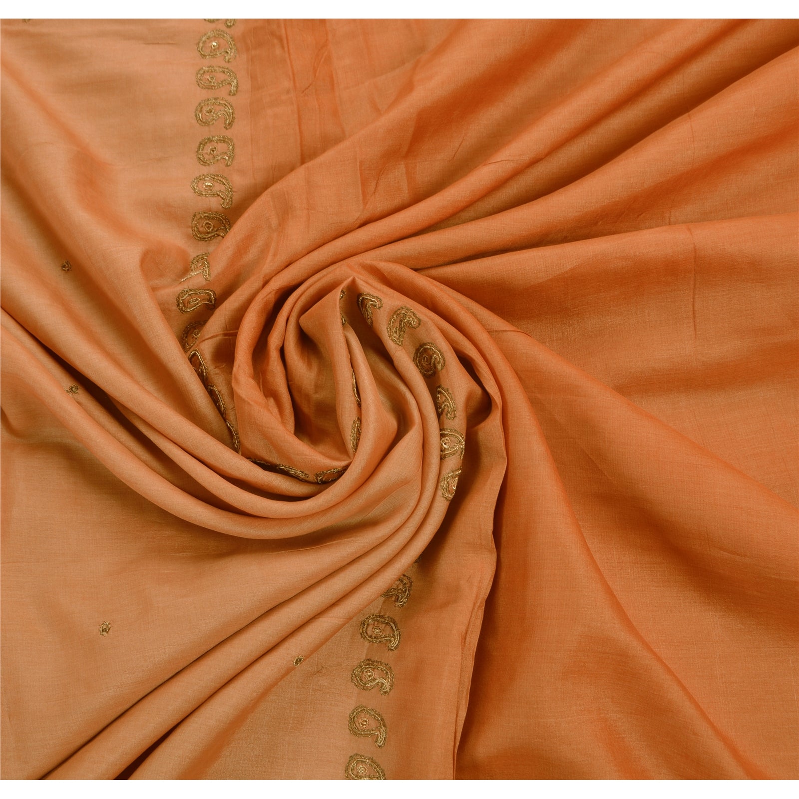 Sanskriti Vintage Indian Saree 100% Pure Silk Hand Embroidered Peach Sustainable Fabric Sari