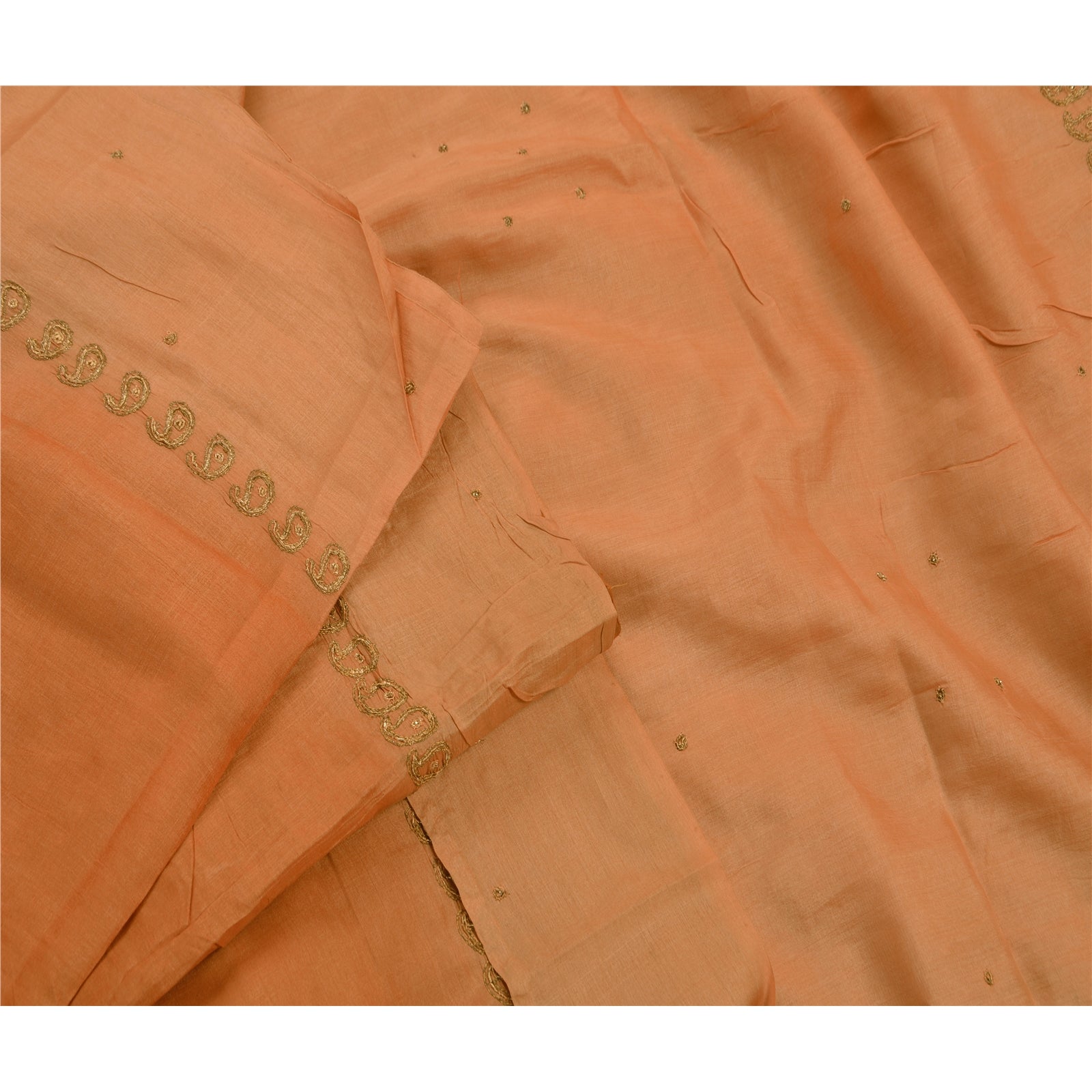 Sanskriti Vintage Indian Saree 100% Pure Silk Hand Embroidered Peach Sustainable Fabric Sari