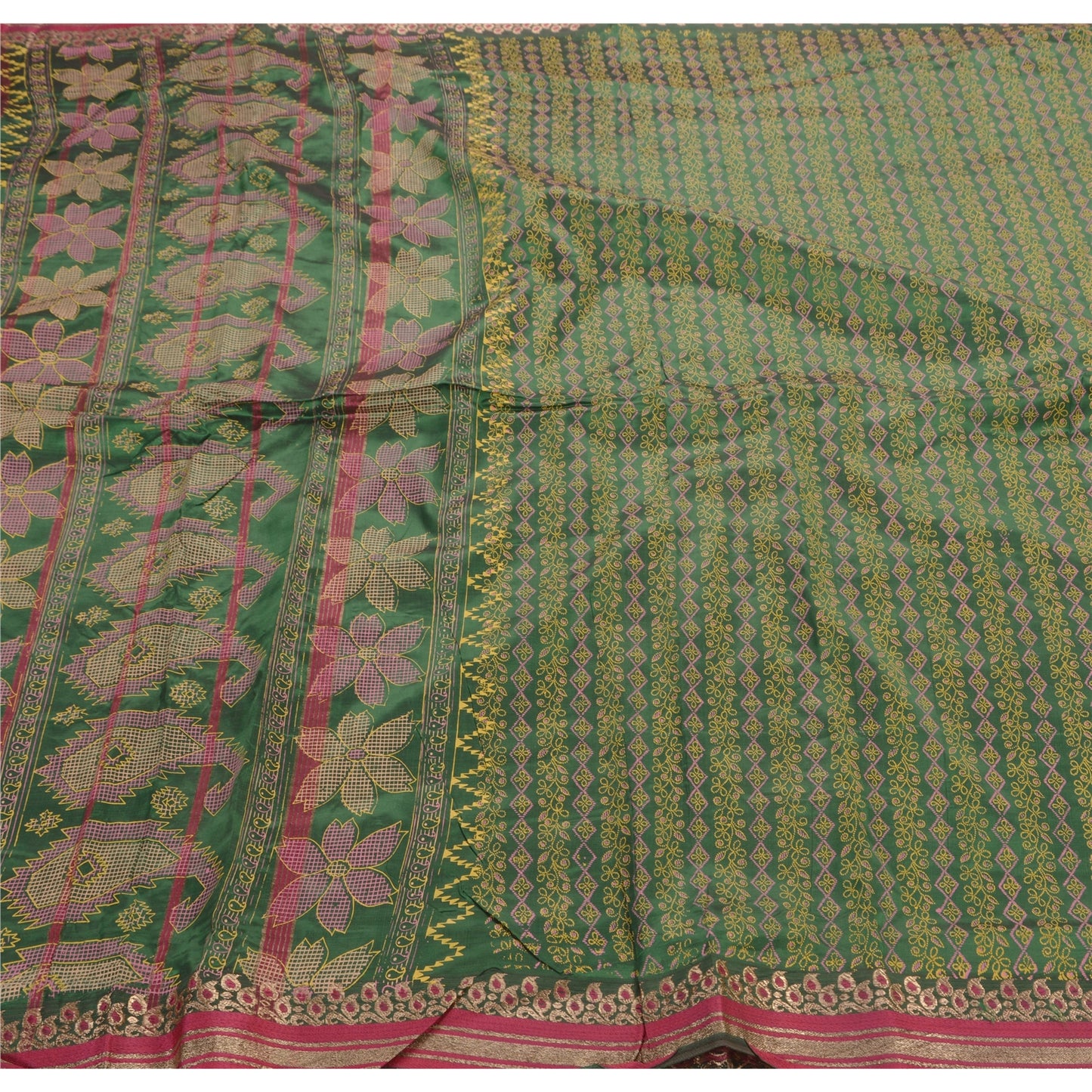 Sanskriti Vintage Indian Saree Art Silk Painted Green Craft Sustainable Fabric Premium Sari