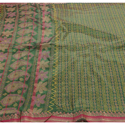 Sanskriti Vintage Indian Saree Art Silk Painted Green Craft Sustainable Fabric Premium Sari