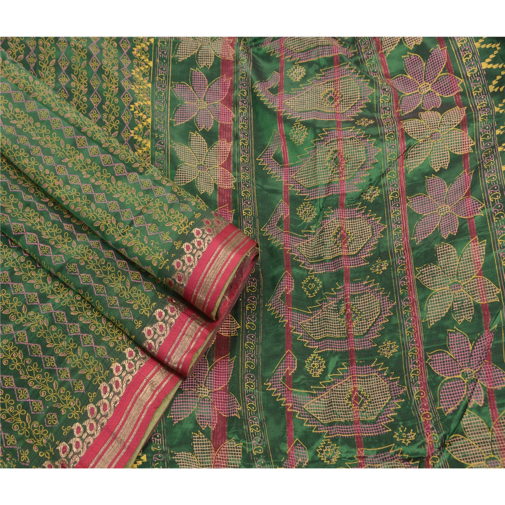 Sanskriti Vintage Indian Saree Art Silk Painted Green Craft Sustainable Fabric Premium Sari