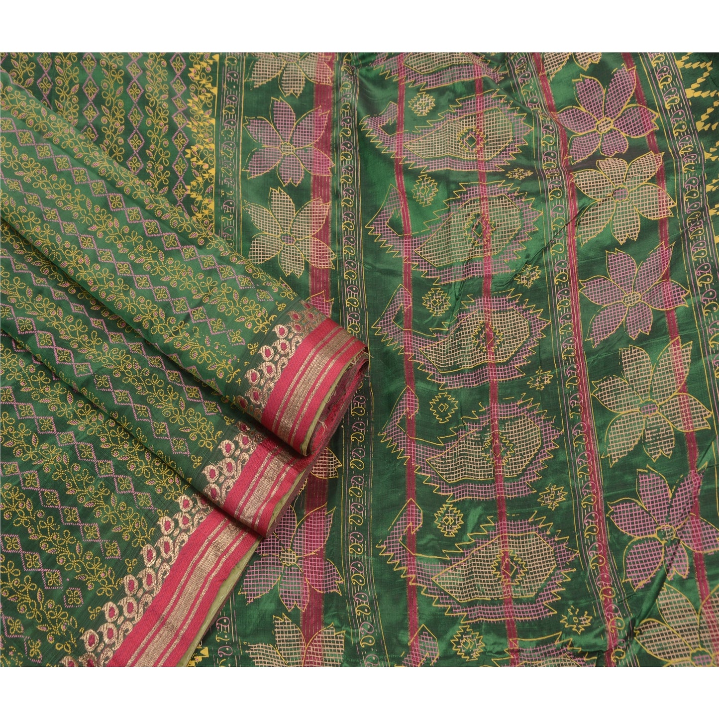 Sanskriti Vintage Indian Saree Art Silk Painted Green Craft Sustainable Fabric Premium Sari