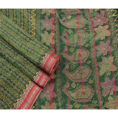 Sanskriti Vintage Indian Saree Art Silk Painted Green Craft Sustainable Fabric Premium Sari