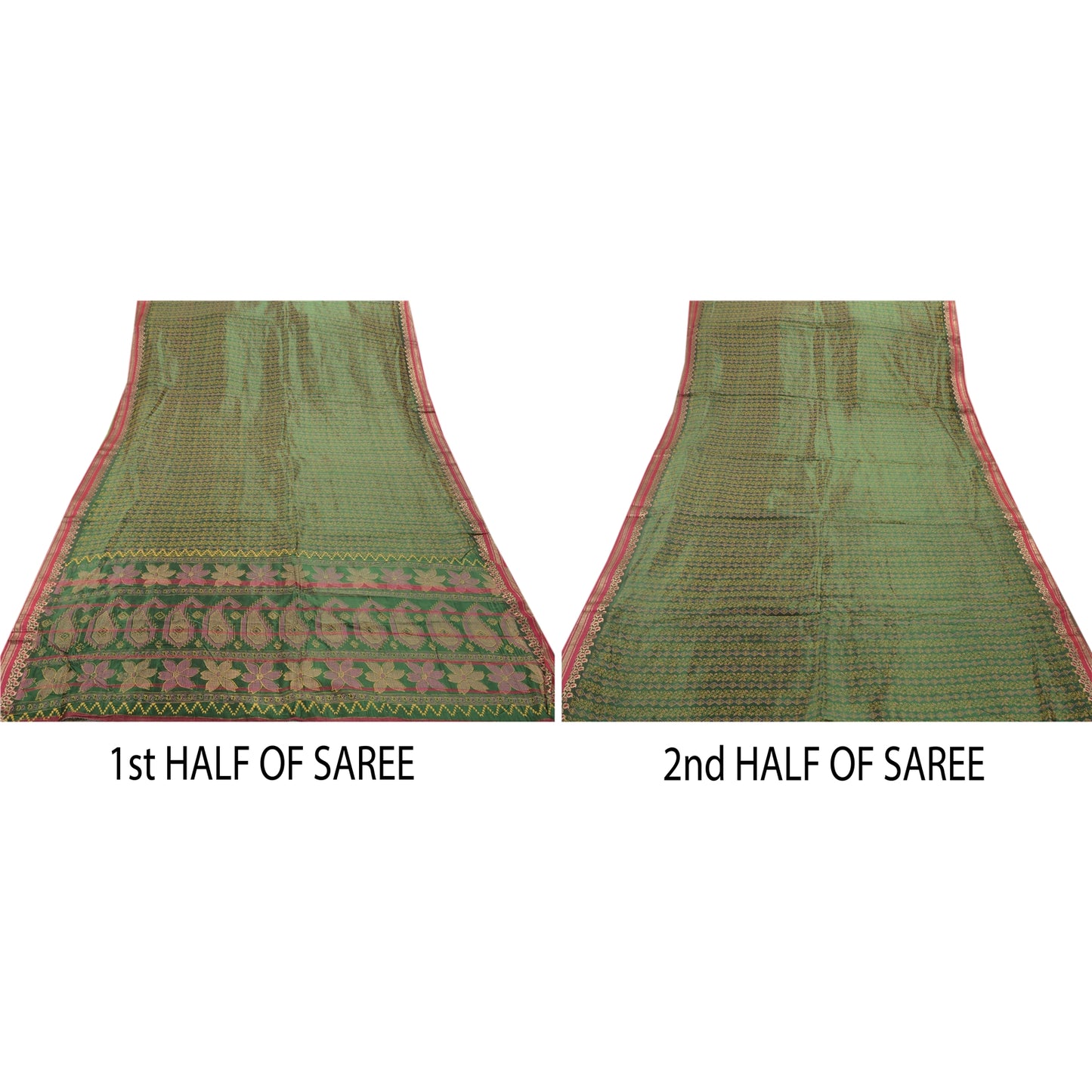 Sanskriti Vintage Indian Saree Art Silk Painted Green Craft Sustainable Fabric Premium Sari