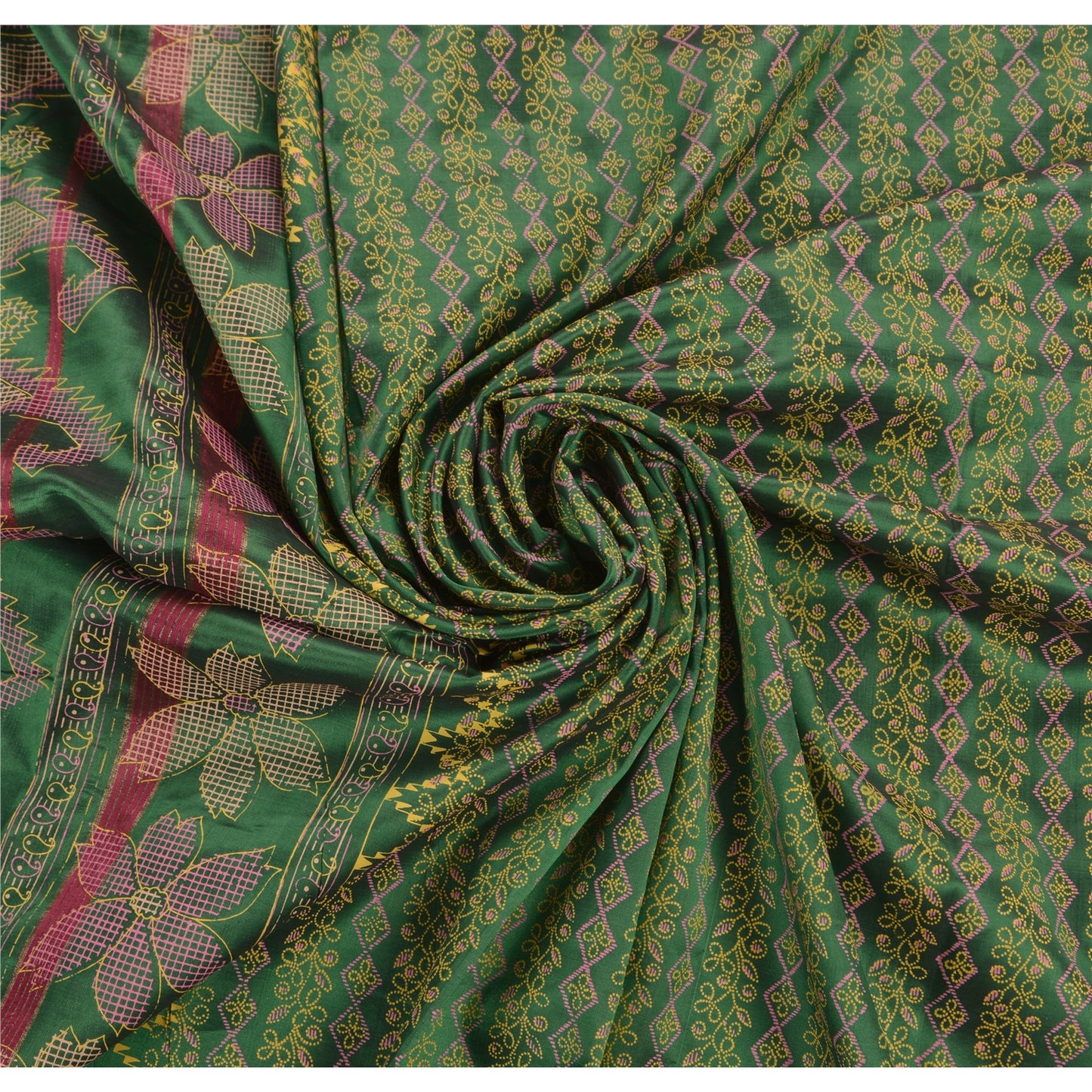 Sanskriti Vintage Indian Saree Art Silk Painted Green Craft Sustainable Fabric Premium Sari