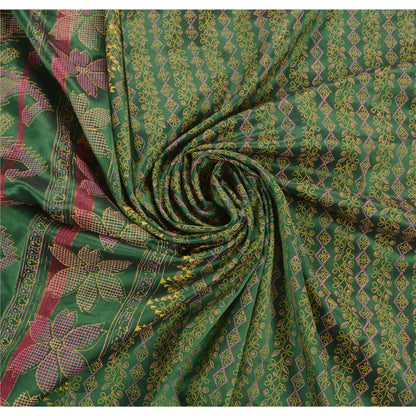 Sanskriti Vintage Indian Saree Art Silk Painted Green Craft Sustainable Fabric Premium Sari