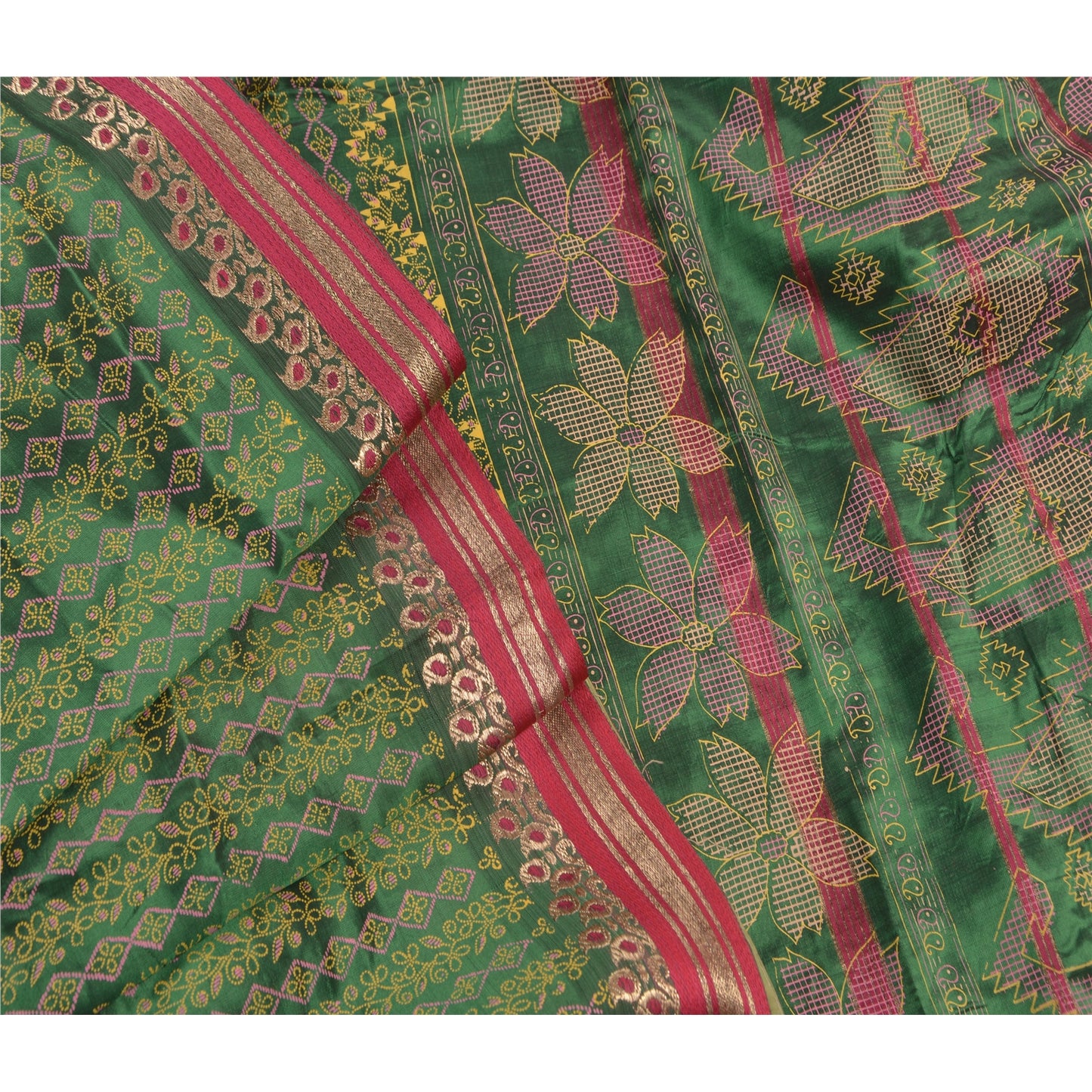 Sanskriti Vintage Indian Saree Art Silk Painted Green Craft Sustainable Fabric Premium Sari