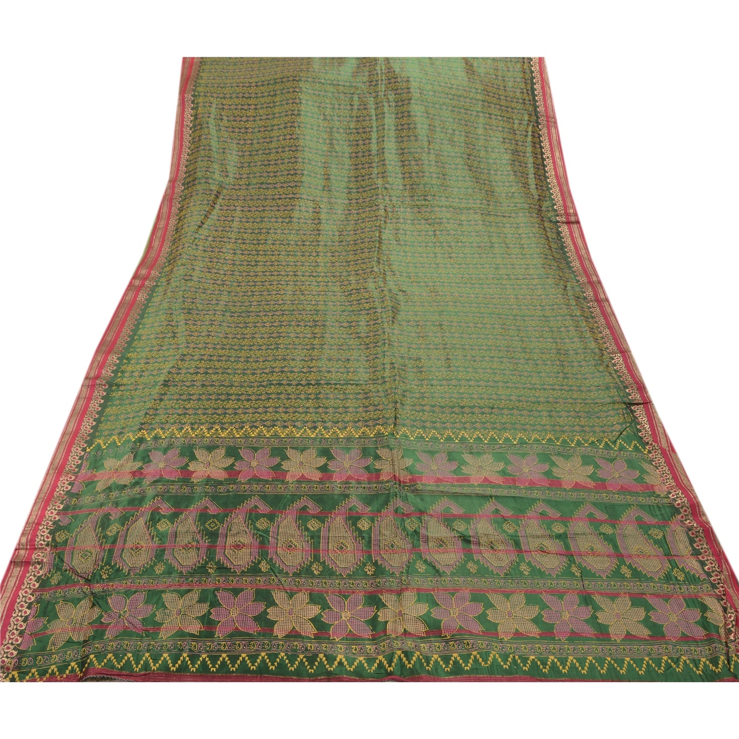 Sanskriti Vintage Indian Saree Art Silk Painted Green Craft Sustainable Fabric Premium Sari