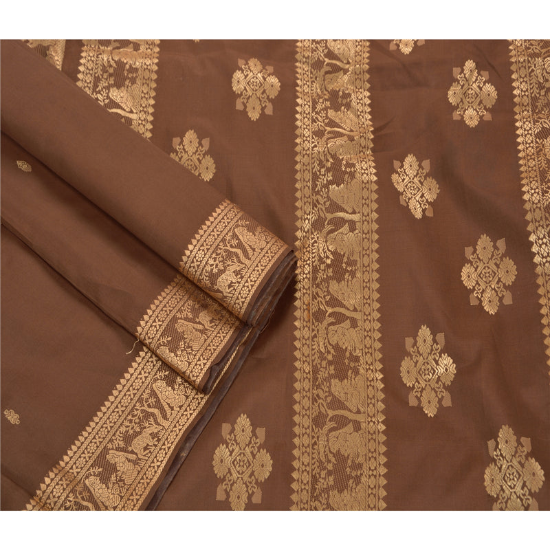 Sanskriti Vintage Brown Indian Saree Art Silk Woven Craft Sustainable Fabric Premium Baluchari Sari