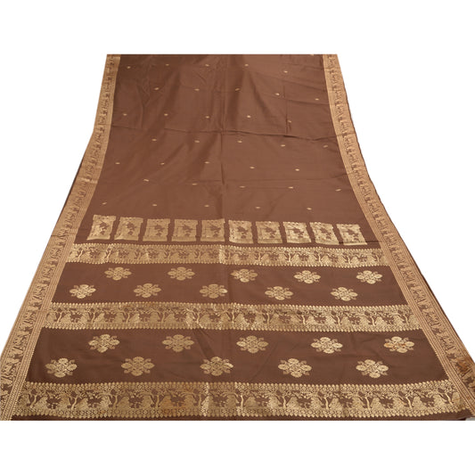 Sanskriti Vintage Brown Indian Saree Art Silk Woven Craft Sustainable Fabric Premium Baluchari Sari