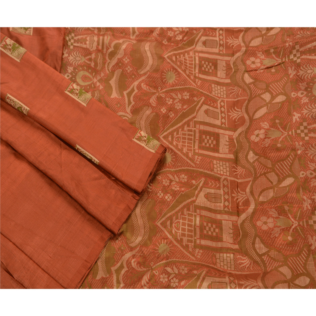 Indian Saree 100% Pure Silk Woven Orange Craft Fabric Sari