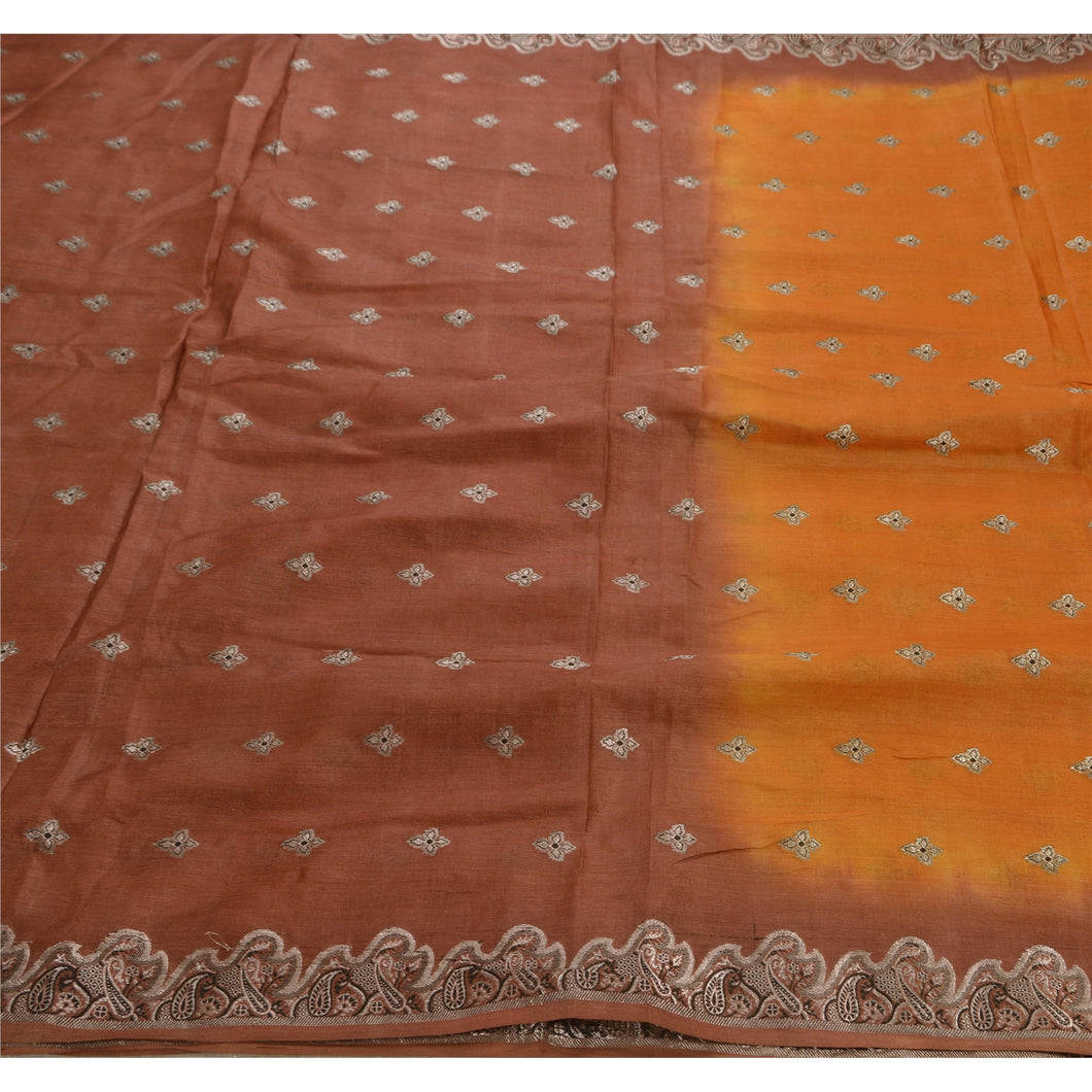 Indian Saree 100% Pure Silk Woven Craft Fabric Orange Sari
