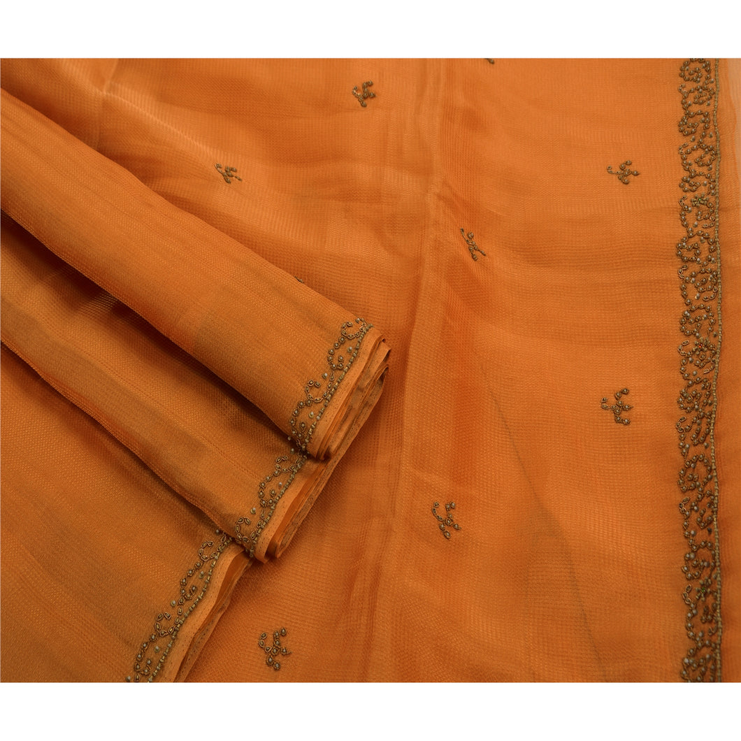 Sanskriti Antique Vintage Orange Saree Art Silk Hand Embroidery Fabric Premium Sari