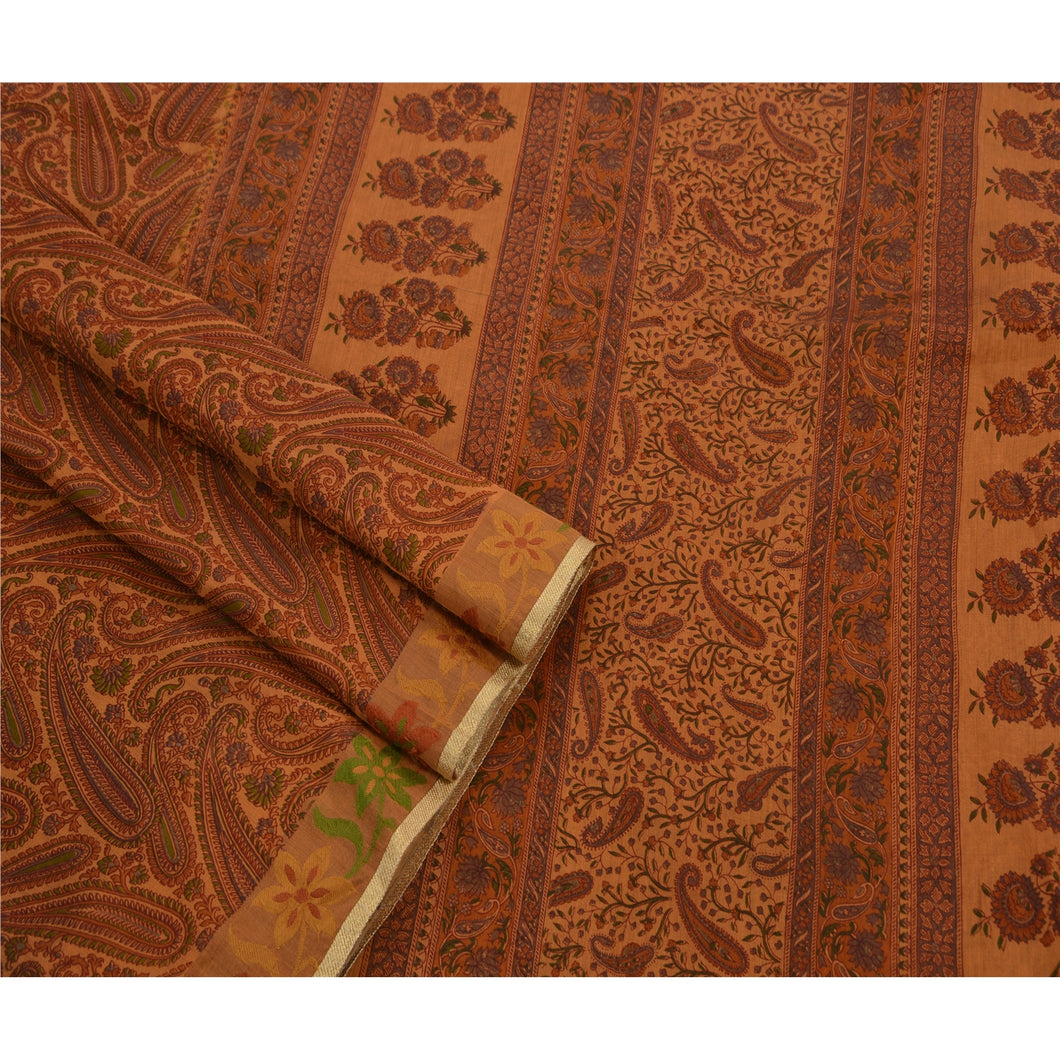 Indian Saree Cotton Blend Printed Orange Craft Fabric Sari
