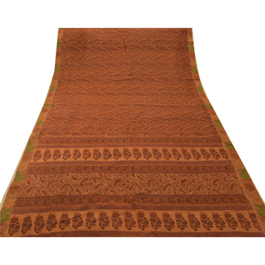 Sanskriti Vintage Indian Saree Cotton Blend Printed Orange Craft Sustainable Fabric Sari