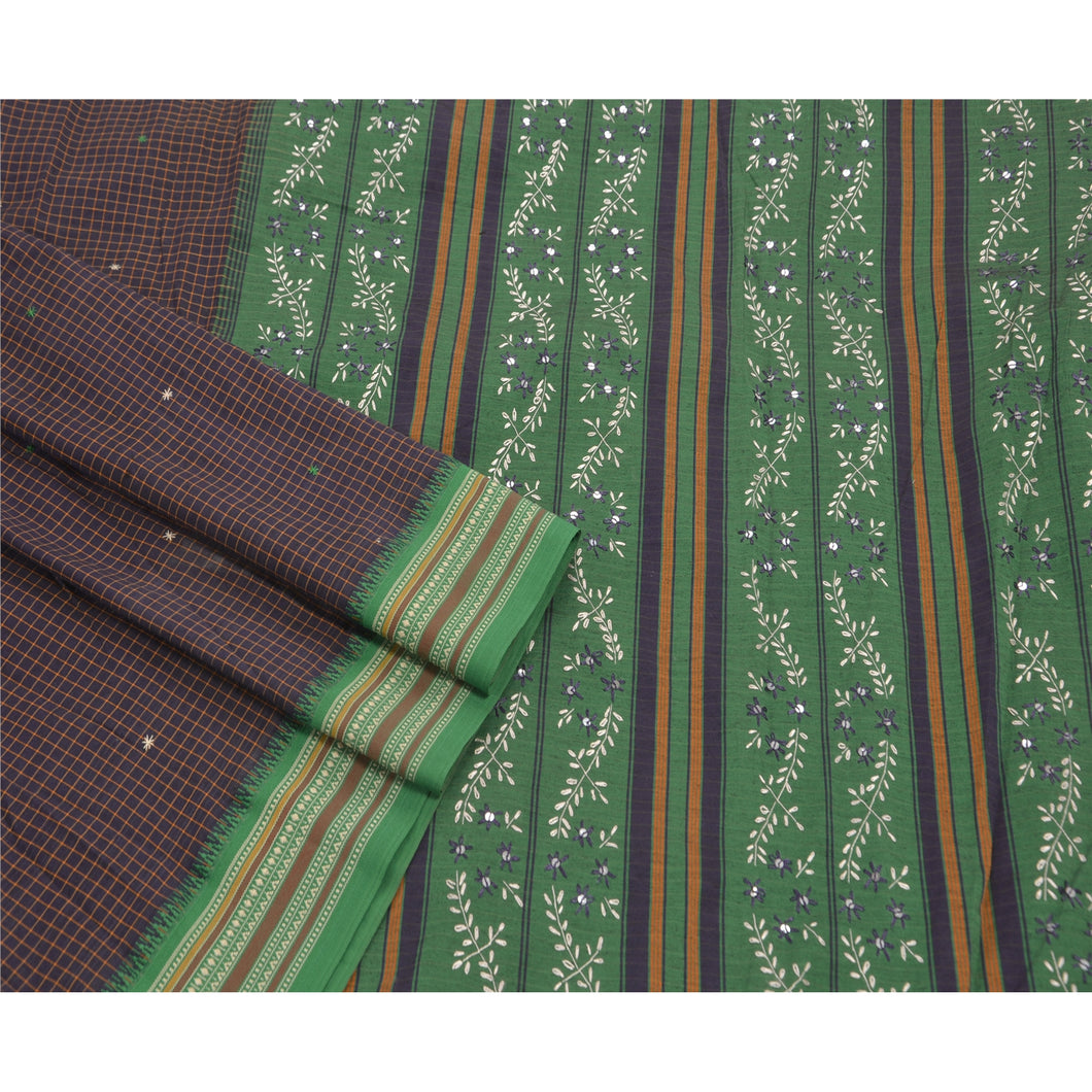 Antique Vintage Saree Cotton Hand Embroidery Woven Blue Fabric Premium Sari