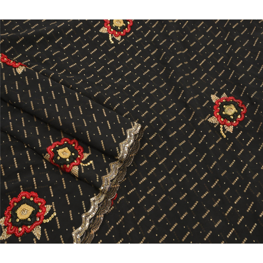 Sanskriti Vintage Indian Saree Georgette Embroidery Black Fabric Premium Sari