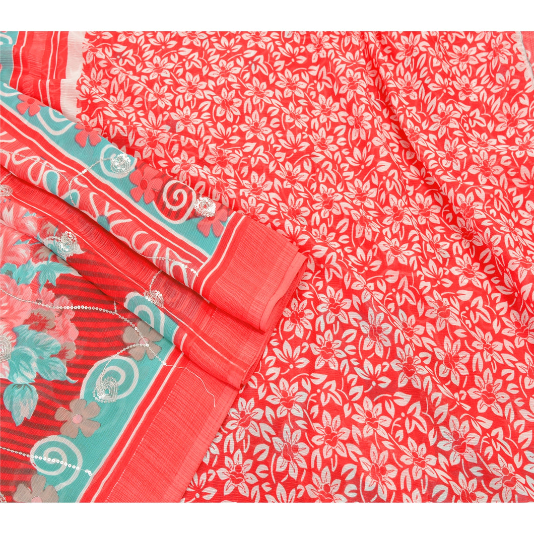 Sanskriti Vintage Red Indian Ethnic Saree Embroidered Georgette Fabric Premium Sari