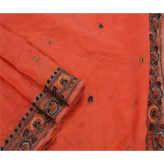 Sanskriti Vintage Antique Orange Saree Art Silk Hand Embroidery Sustainable Fabric Sari