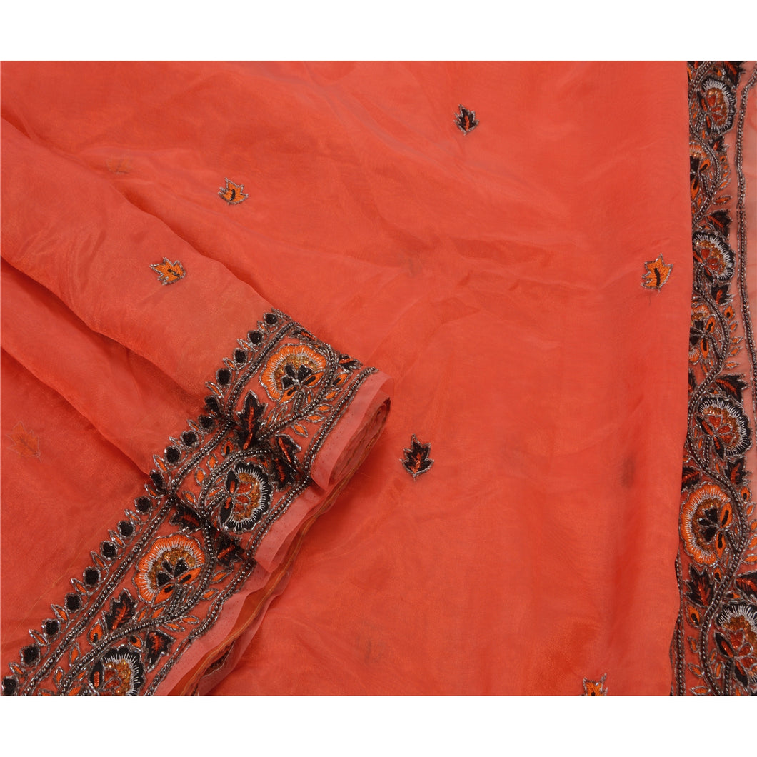Sanskriti Antique Vintage Orange Saree Art Silk Hand Embroidery Fabric Sari