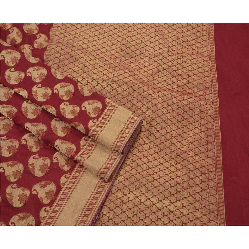 Sanskriti Vintage Dark Red Saree Art Silk Woven Craft Sustainable Fabric Premium Sari