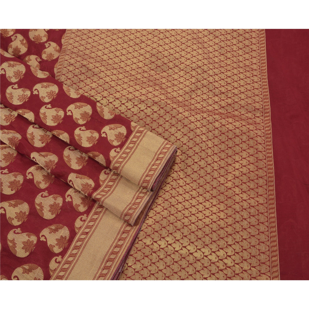 Dark Red Saree Art Silk Woven Craft Fabric Premium Sari