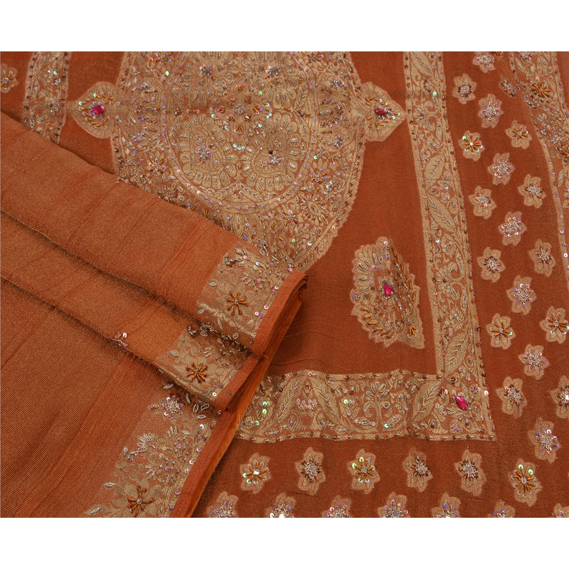 Sanskriti Vintage Antique Indian Saree Georgette Sustainable Fabric Hand Embroidery Sari
