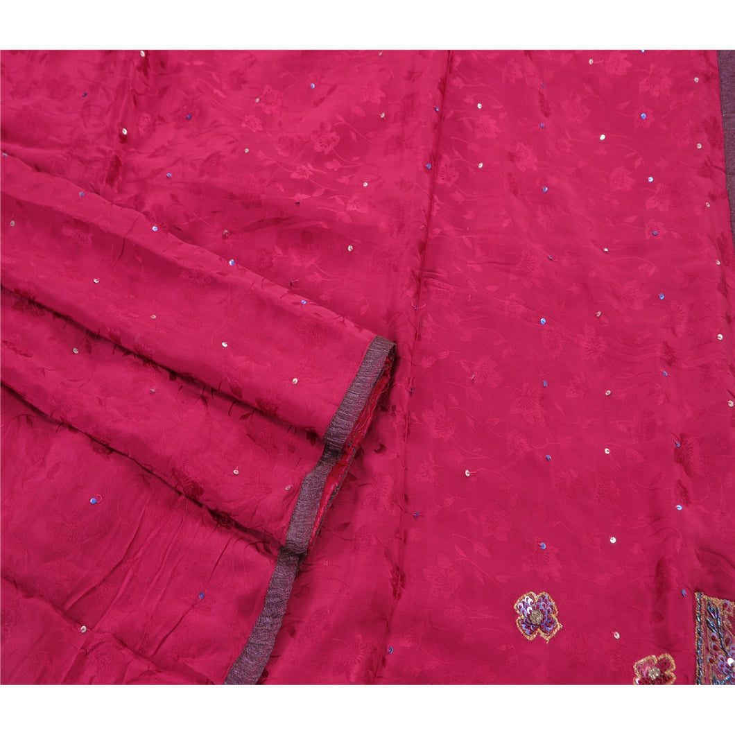 Sanskriti Vintage Pink Saree Pure Crepe Silk Hand Beaded Woven Craft Fabric Premium Sari