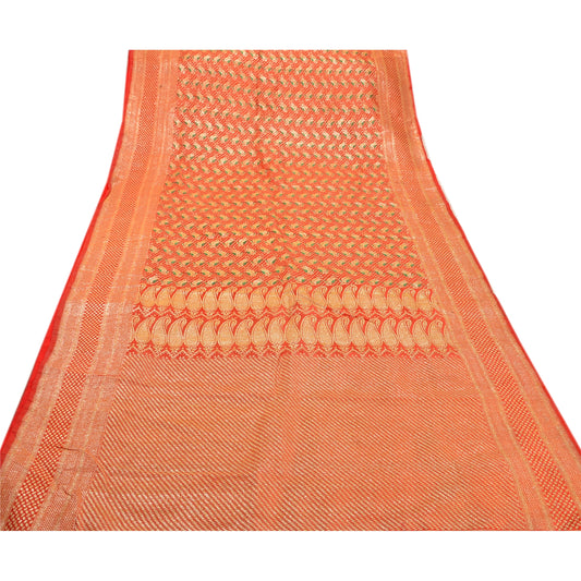 Sanskriti Vintage Peach Saree Art Silk woven Sustainable Fabric Craft Premium Sari