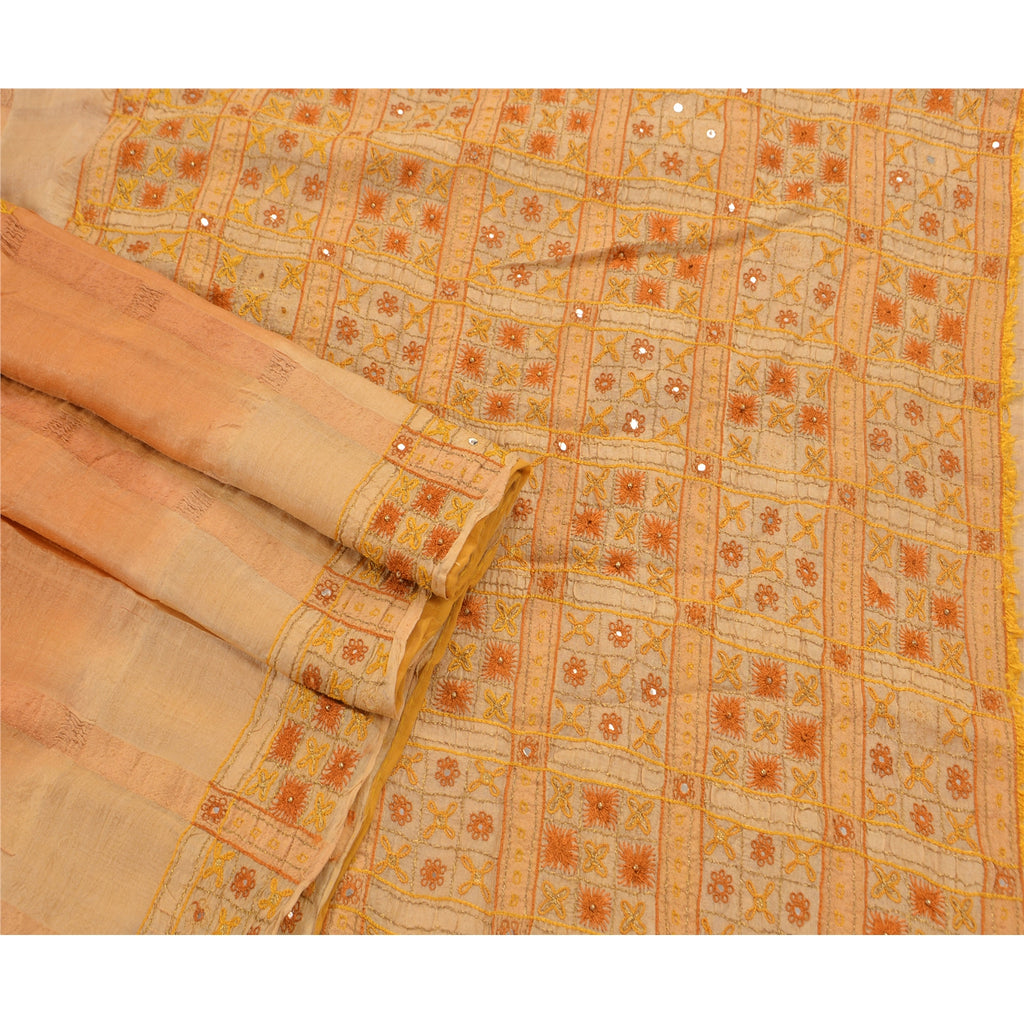 Sanskriti Vintage Saree 100% Pure Silk Orange & Cream Saree Hand Embroidery Zari 5.5 Yard Craft Fabric Decor, Upcycled, Recycled Remnant