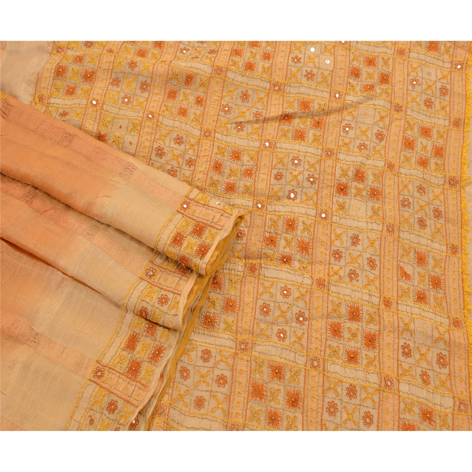 Sanskriti Vintage Saree 100% Pure Silk Orange & Cream Saree Hand Embroidery Zari 5.5 Yard Craft Fabric Decor, Upcycled, Recycled Remnant