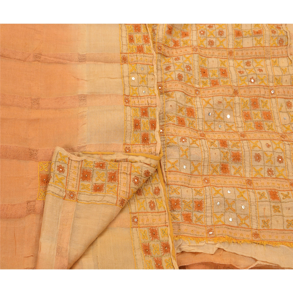 Sanskriti Vintage Saree 100% Pure Silk Orange & Cream Saree Hand Embroidery Zari 5.5 Yard Craft Fabric Decor, Upcycled, Recycled Remnant