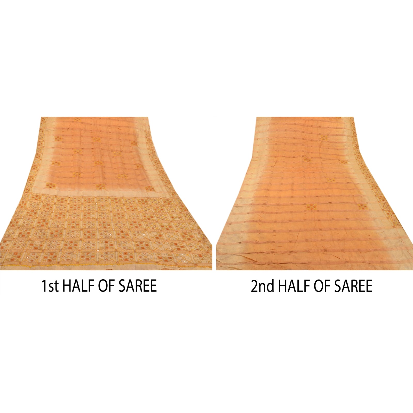 Sanskriti Vintage Saree 100% Pure Silk Orange & Cream Saree Hand Embroidery Zari 5.5 Yard Craft Fabric Decor, Upcycled, Recycled Remnant