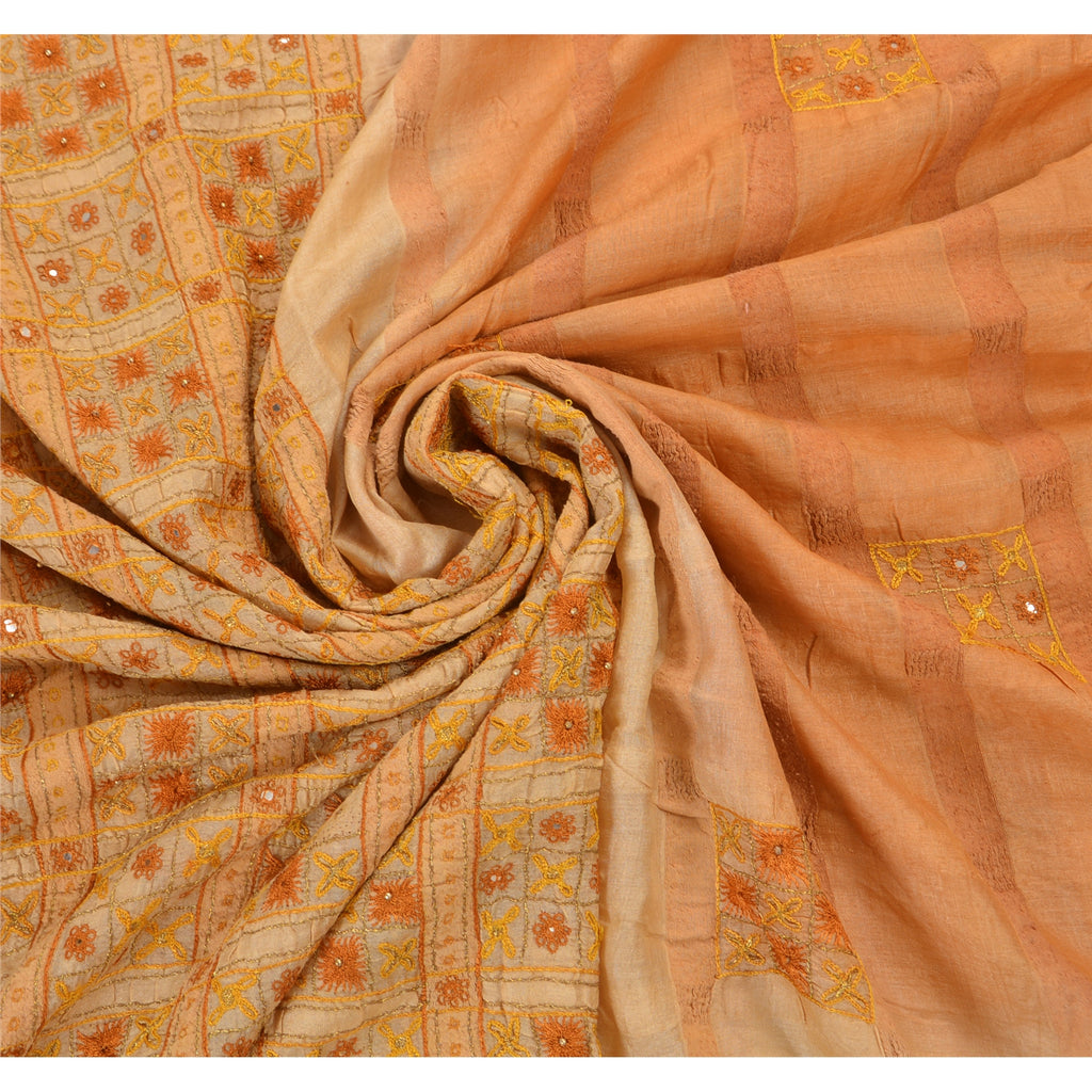 Sanskriti Vintage Saree 100% Pure Silk Orange & Cream Saree Hand Embroidery Zari 5.5 Yard Craft Fabric Decor, Upcycled, Recycled Remnant