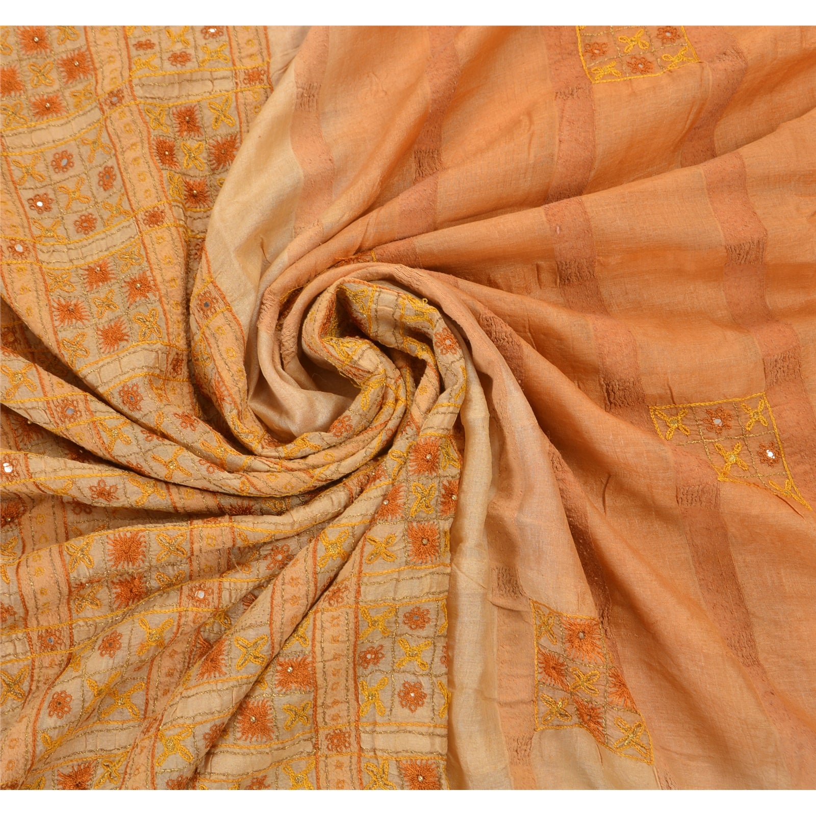 Sanskriti Vintage Saree 100% Pure Silk Orange & Cream Saree Hand Embroidery Zari 5.5 Yard Craft Fabric Decor, Upcycled, Recycled Remnant