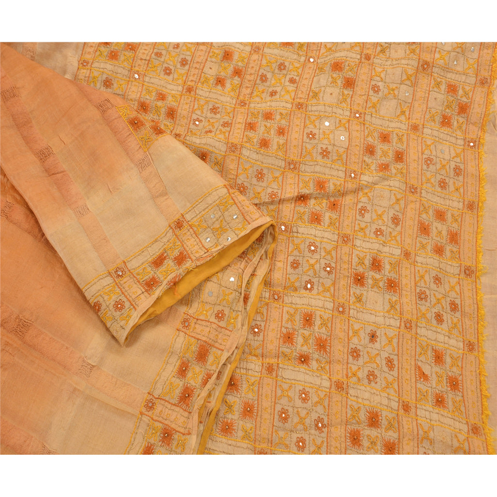 Sanskriti Vintage Saree 100% Pure Silk Orange & Cream Saree Hand Embroidery Zari 5.5 Yard Craft Fabric Decor, Upcycled, Recycled Remnant