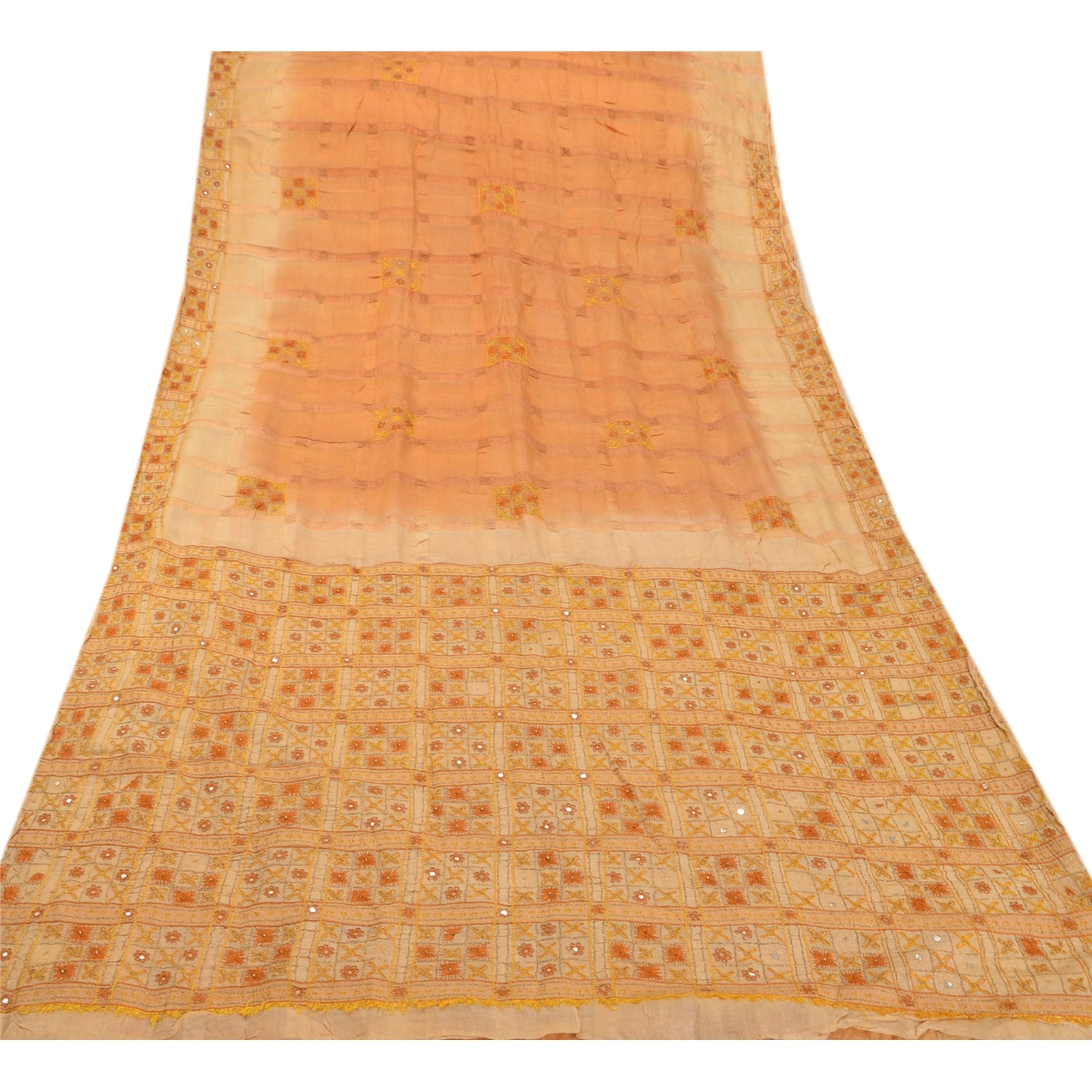 Sanskriti Vintage Saree 100% Pure Silk Orange & Cream Saree Hand Embroidery Zari 5.5 Yard Craft Fabric Decor, Upcycled, Recycled Remnant