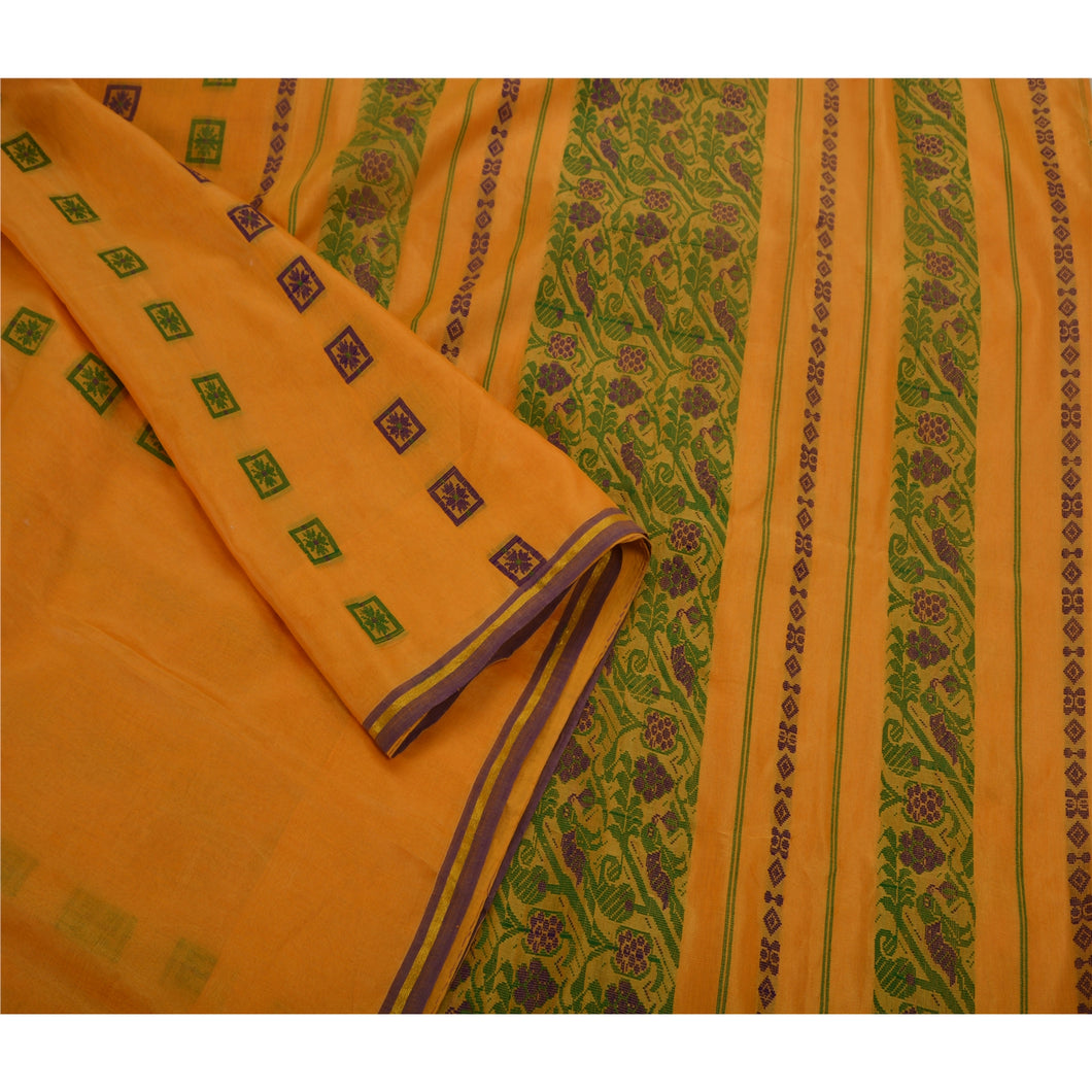 Sanskriti Vintage Indian Yellow Saree Art Silk Woven Craft Fabric Sari