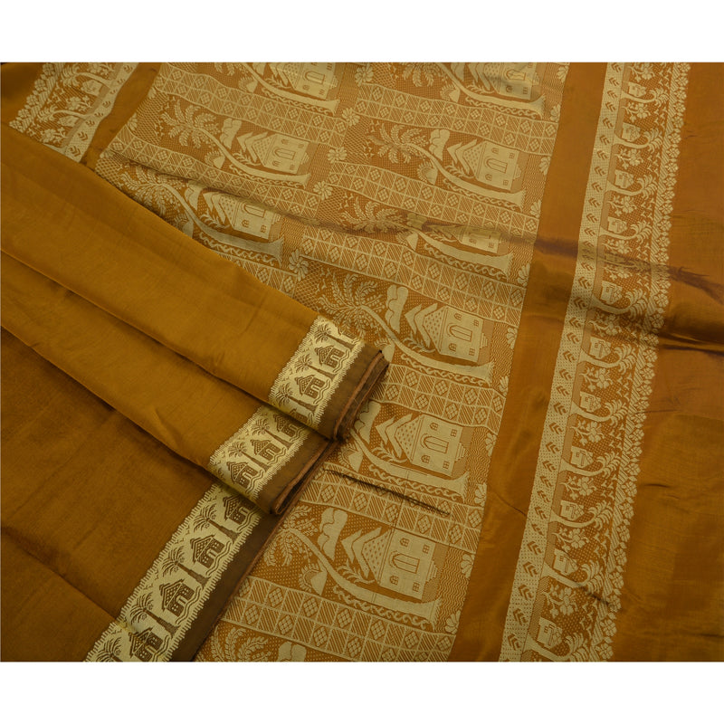 Sanskriti Vintage Sari Blend Silk Yellow Saree Woven Baluchari 5Yd Craft FabricBohemian Fabric For Dressmaking,Craft Supplies,Upcyclers