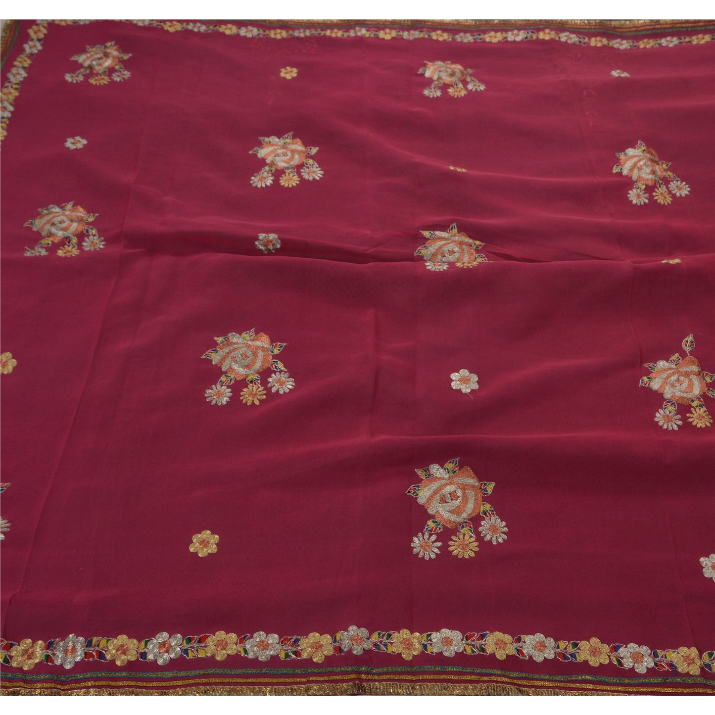 Sanskriti Vintage Saree 100% Pure Georgette Silk Sustainable Fabric Hand Embroidery Blue Sari