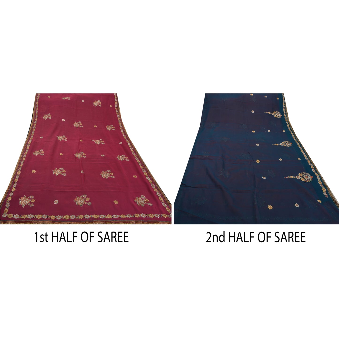 Sanskriti Vintage Saree 100% Pure Georgette Silk Sustainable Fabric Hand Embroidery Blue Sari