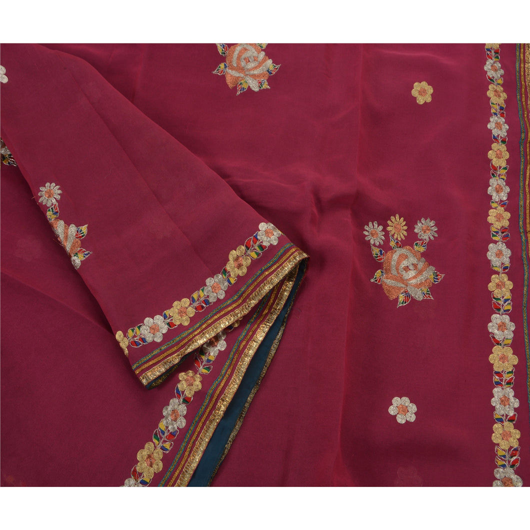 Sanskriti Vintage Saree 100% Pure Georgette Silk Fabric Hand Embroidery Blue Sari