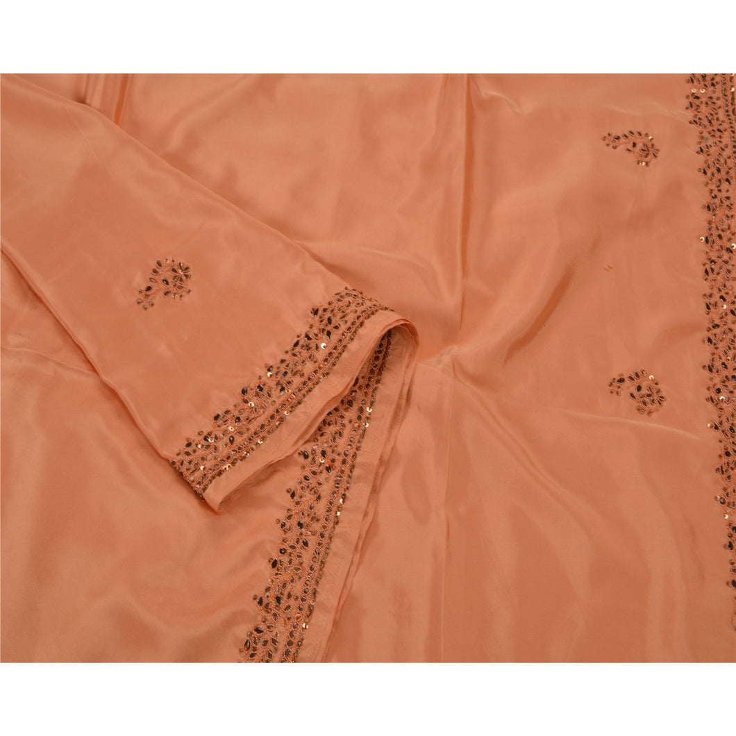 Sanskriti Vintage Peach Saree Crepe Silk Hand Beaded Craft Fabric Premium Ethnic Sari