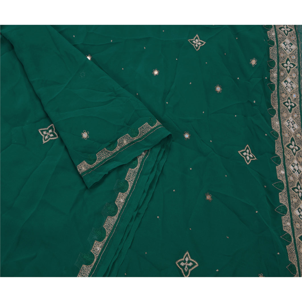 Sanskriti Vintage Indian Saree Georgette Hand Beaded Green Fabric Premium Sari