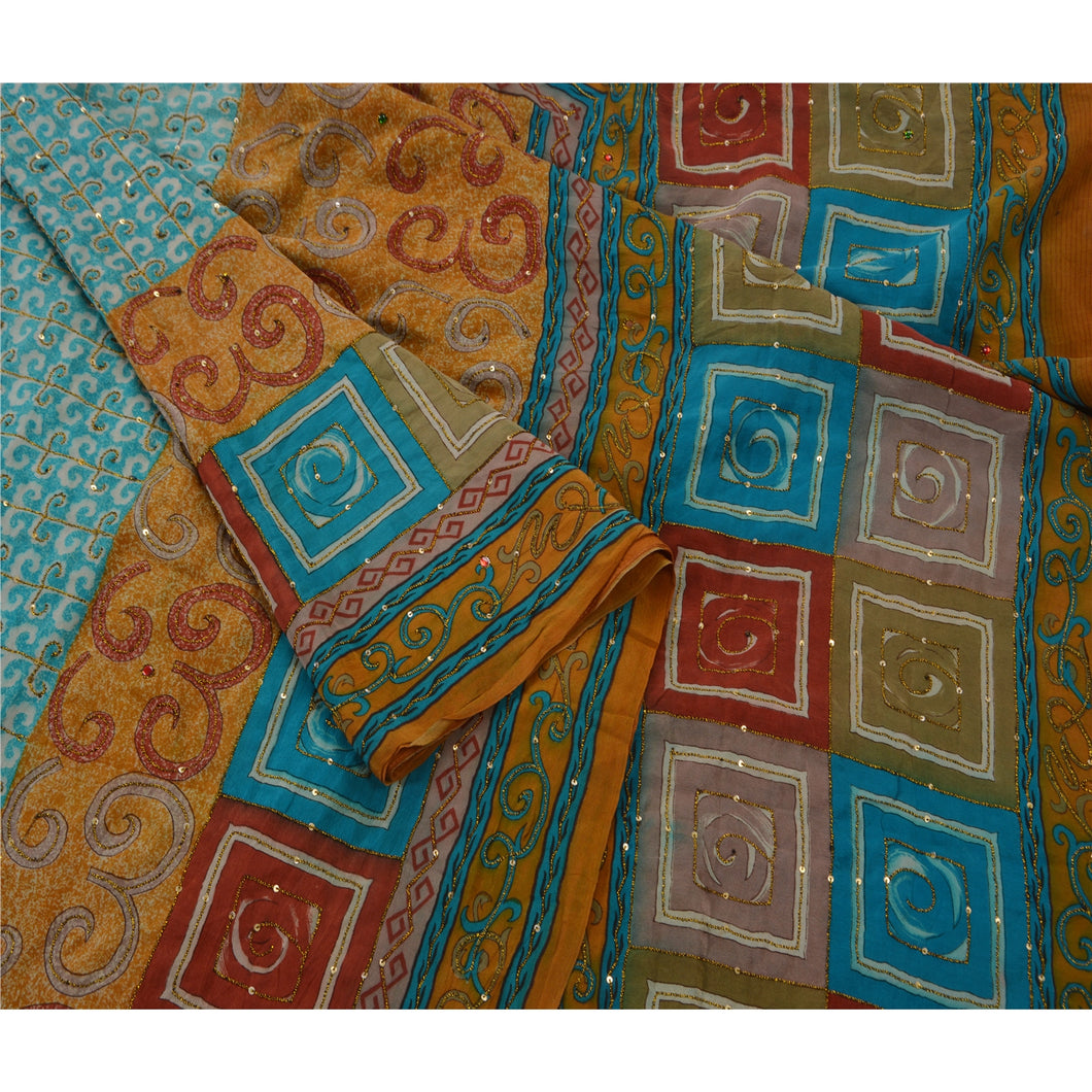 Sanskriti Vintage Indian Saree 100% Pure Crepe Silk Hand Beaded Craft Fabric Premium Sari