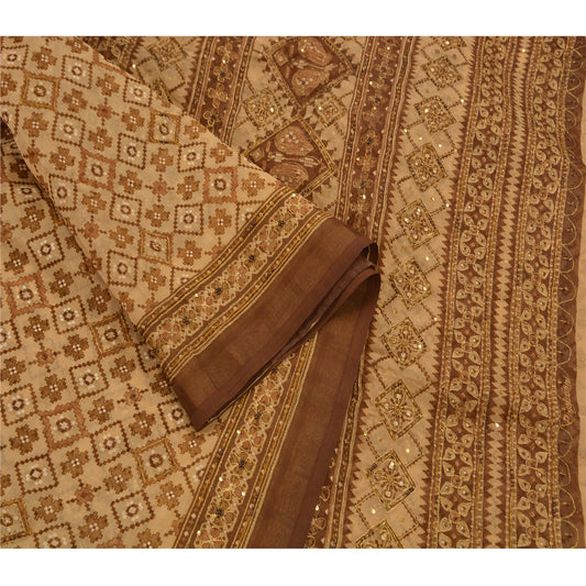 Sanskriti Vintage Antique Saree Cotton Hand Embroidery Sustainable Fabric Premium Sari Cream