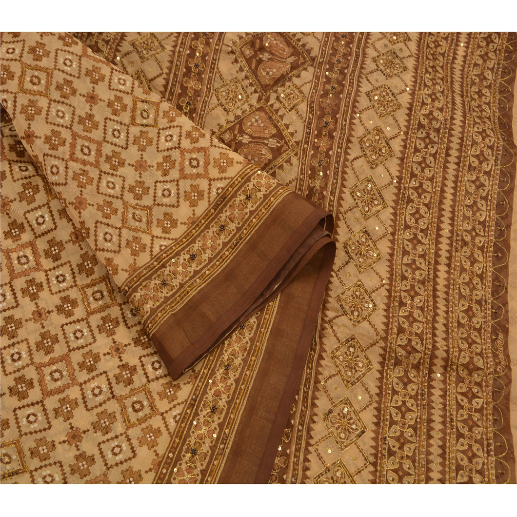 Sanskriti Antique Vintage Saree Cotton Hand Embroidery Fabric Premium Sari Cream