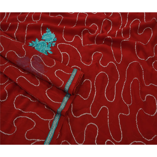 Санскритское старинное антикварное индийское сари с вышивкой из жоржета, экологически чистая ткань, сари премиум-класса