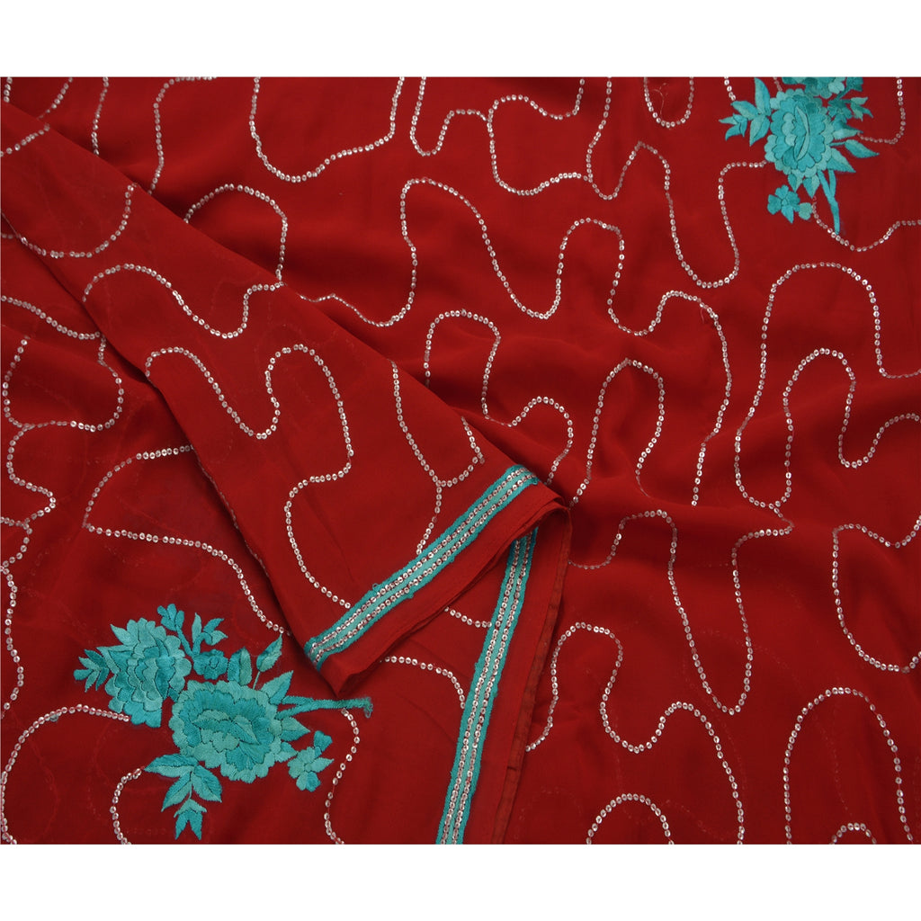 Sanskriti Vintage Antique Indian Saree Georgette Embroidery Sustainable Fabric Premium Sari